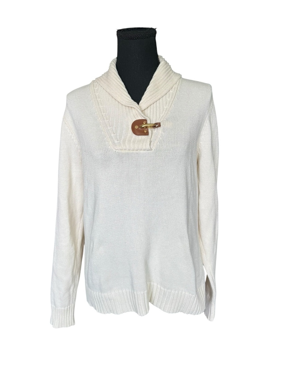 Lauren Ralph Lauren Cream Toggle Sweater Shawl Collar Cotton Knit Large F67